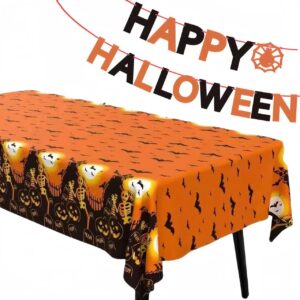 cusfele 2 pack halloween tablecloth with banner hanging decorations, 54x72 inch rectangle plastic table cover halloween indoor outdoor indoor decor party supplies