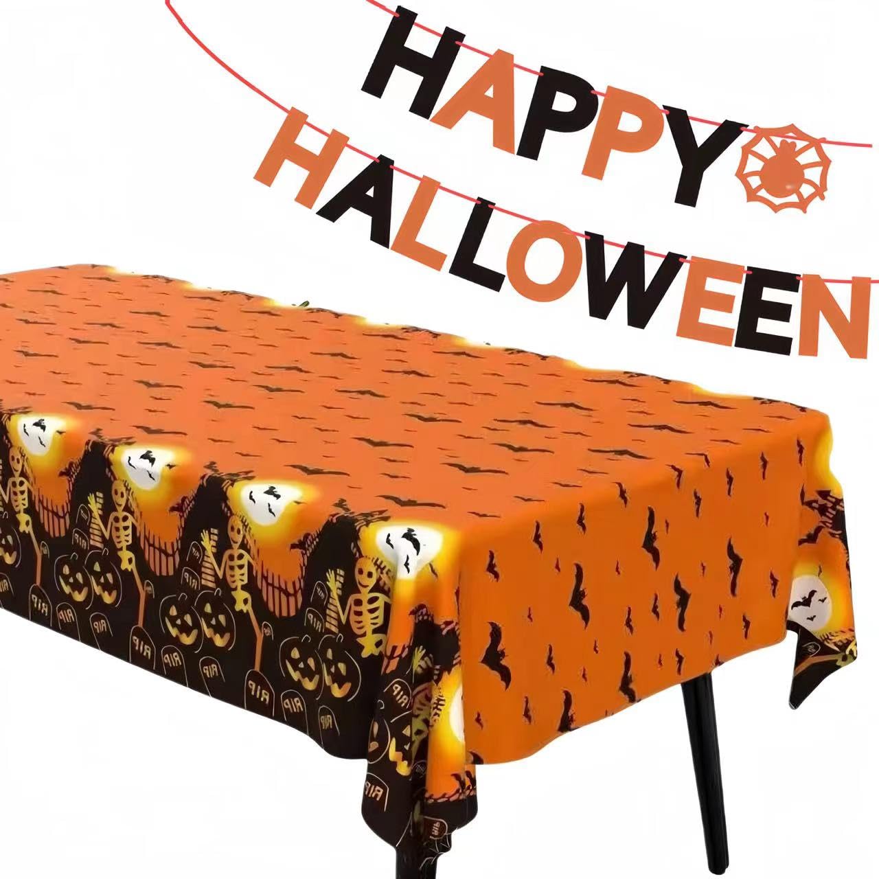 Cusfele 2 Pack Halloween Tablecloth with Banner Hanging Decorations, 54x72 Inch Rectangle Plastic Table Cover Halloween Indoor Outdoor Indoor Decor Party Supplies