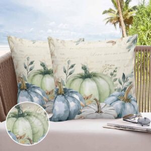 MUSWEDSEP Outdoor Pillow Covers Pack of 2,Fall Thanksgiving Pumpkin Green Blue Farm Plants Waterproof Throw Pillow Cover Decorative Cushion Case for Patio Garden Couch Sofa,Retro Letter Pillowcase