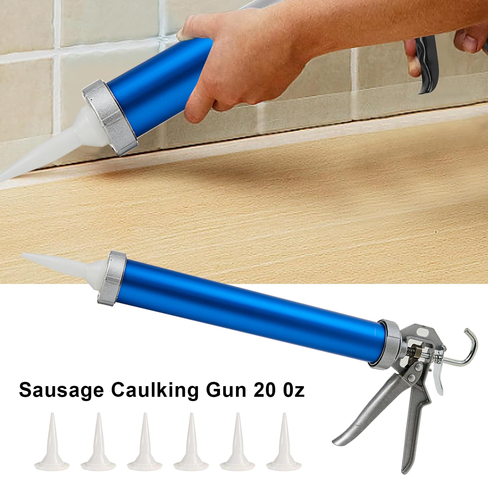 2 Pack sausage caulking gun, sausage gun caulking gun, 20 oz sausage tube gun caulking gun，with 4 cone nozzles,Suitable for bathroom, kitchen, living room, window and roof