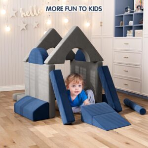 UMOMO 13 PCS Modular Kids Play Couch Building Fort, Floor Sofa Funiture for Playroom and Bedroom, Indoor Outdoor Playhouse Play Set for Kids, Toddlers, Blue & Gray