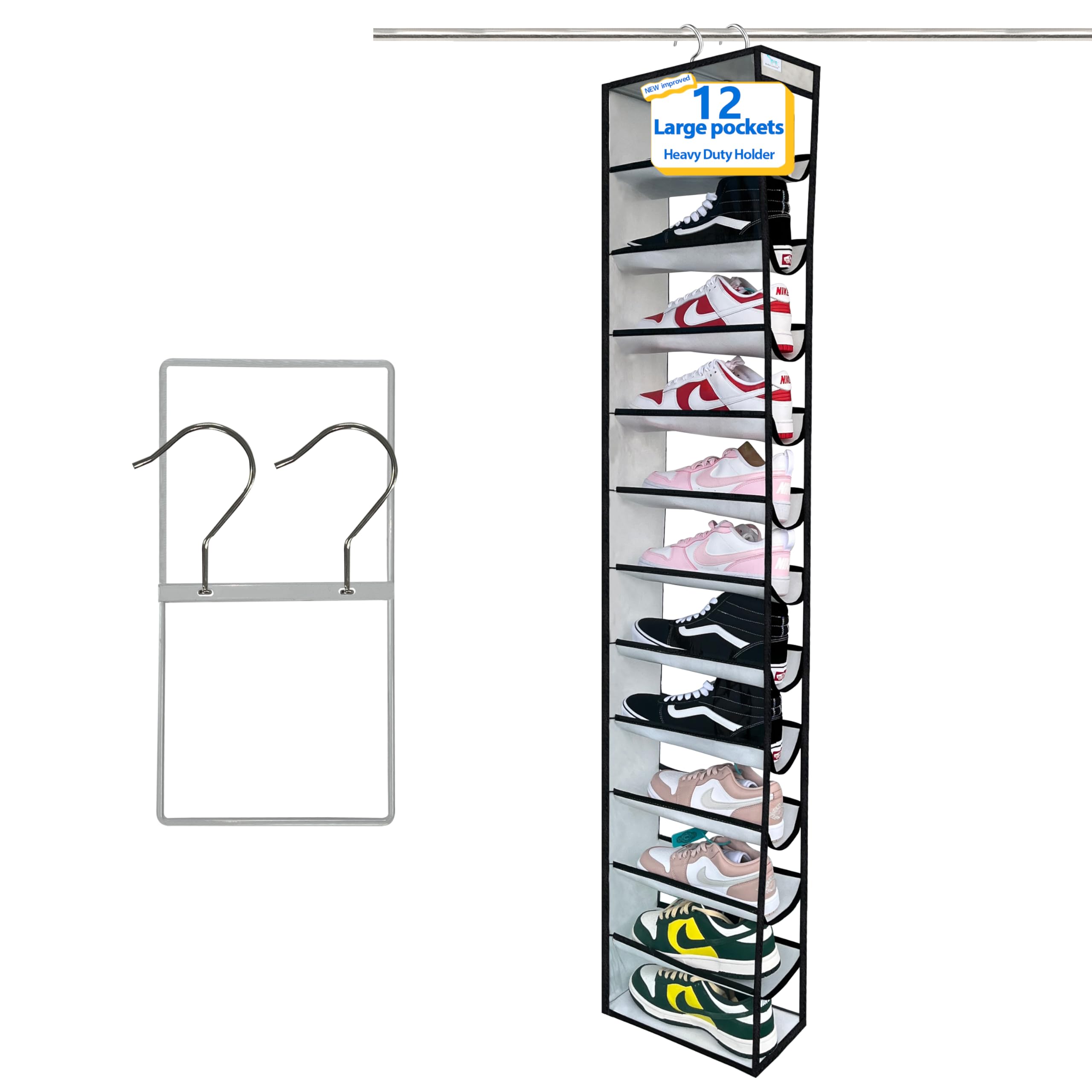 hanging shoe organizer , 12Section,shoe organizer,Ample Storage Space,college dorm essentials for girls,Heavy duty rack Up to 45 Pounds,closet organizers and storage,closet organizer,White/Black