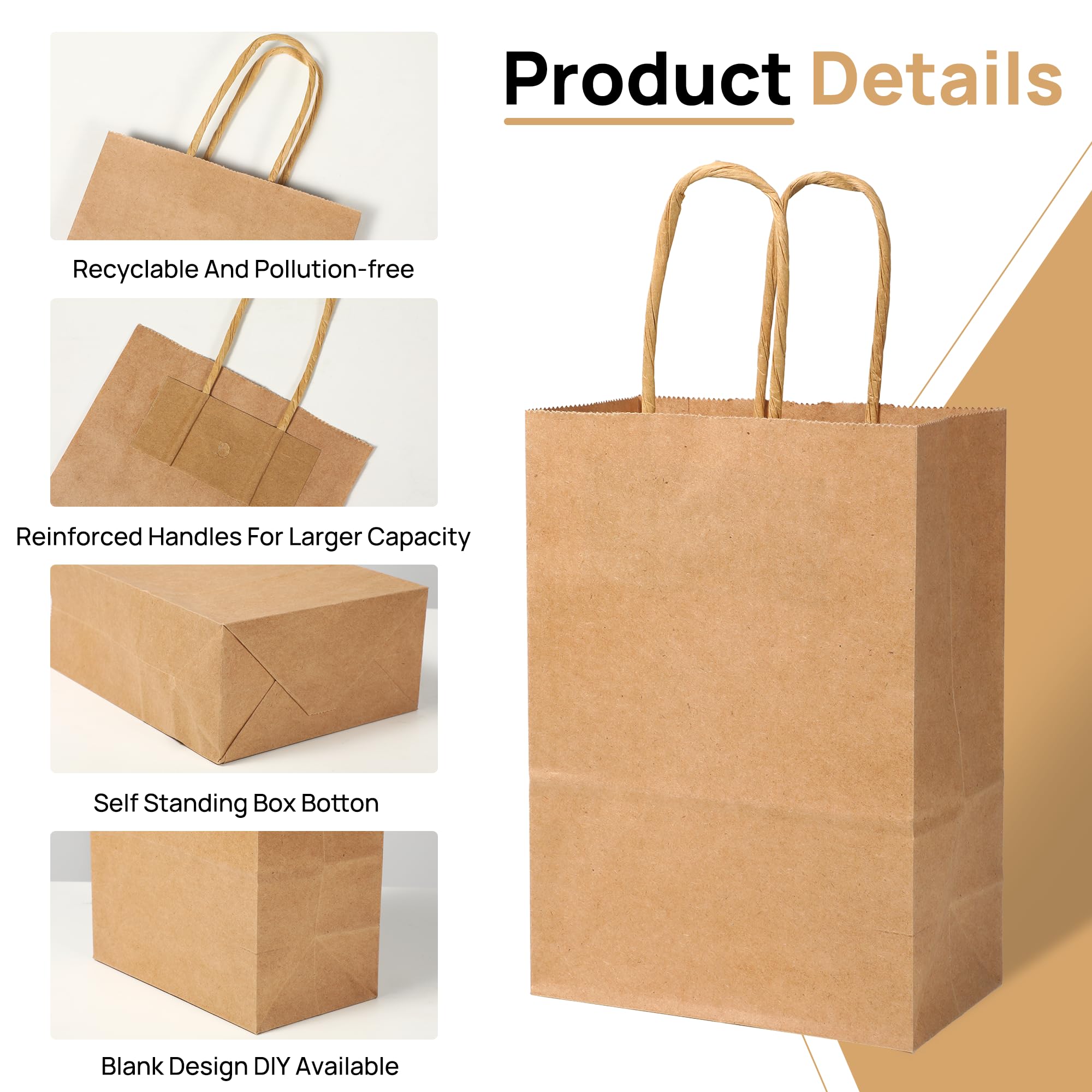 miikoul 200 Pieces 8.27"x5.9"x3.15" Brown Paper Bags with Handles, Gift Bags Bulk for Small Business, Shopping Bags, Wedding Party Favor Bags, Halloween Treat Bags for Birthday Party, Goody Craft