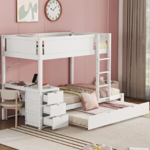 harper & bright designs twin over twin bunk bed with trundle, desk and storage drawers, wood bunk bed frame for kids teens adults, white