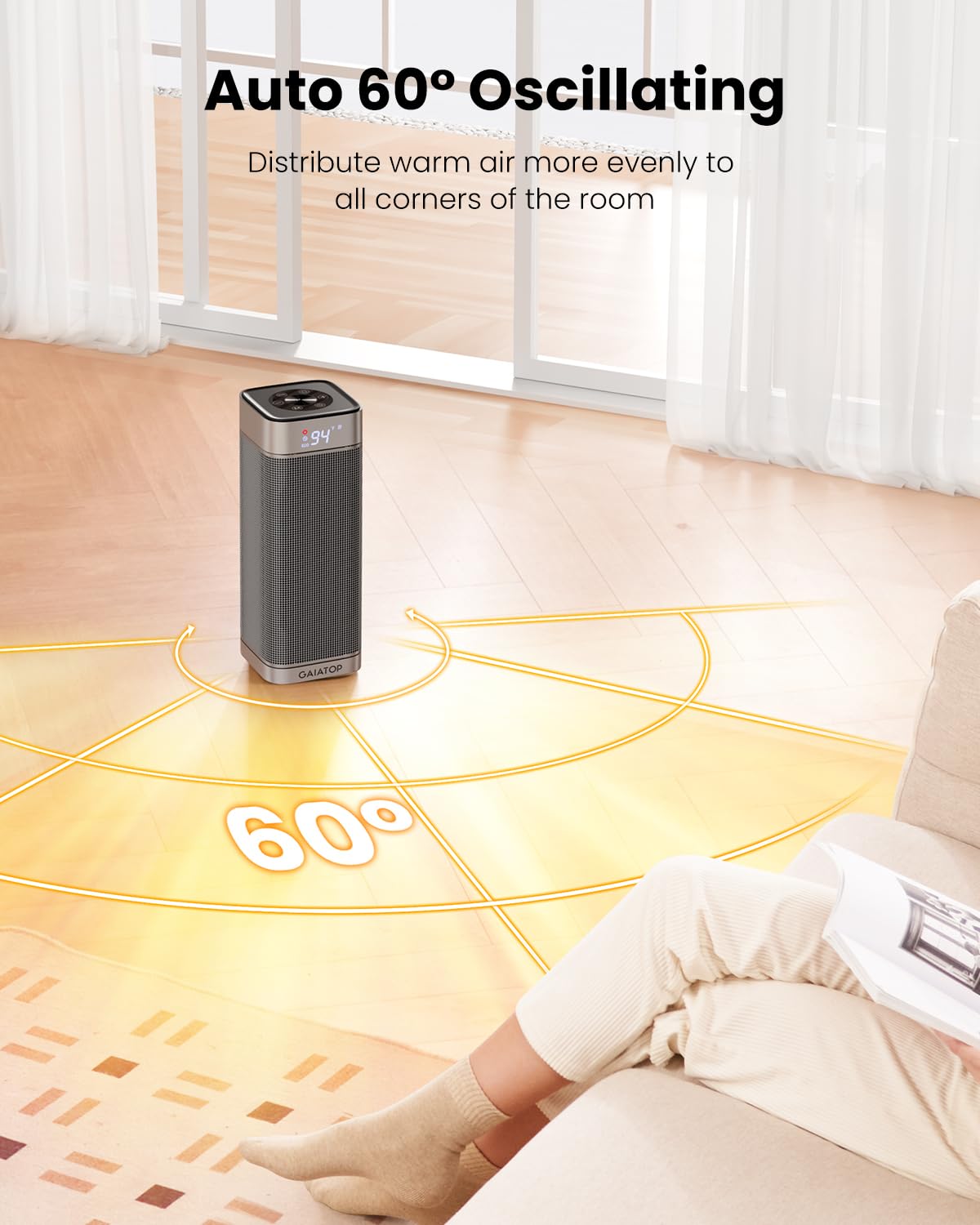 GAIATOP Space Heaters for Indoor Use, 1500W Portable Electric Heater, Quiet PTC Ceramic Heat with Thermostat, 5 Modes, Remote, 60° Oscillating, 12Hrs Timer, Powerful Wind for Bedroom Office Home