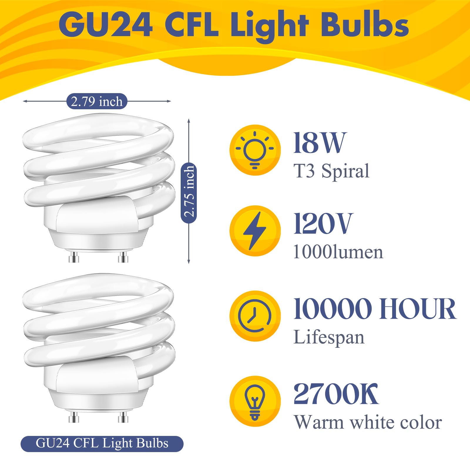 Rossesay 2 Pack 18 Watt Spiral GU24 CFL Light Bulbs, 2700k Soft White 2 Prong Twist and Lock Base Light Bulb, 1000 Lumen Compact Fluorescent Bulbs