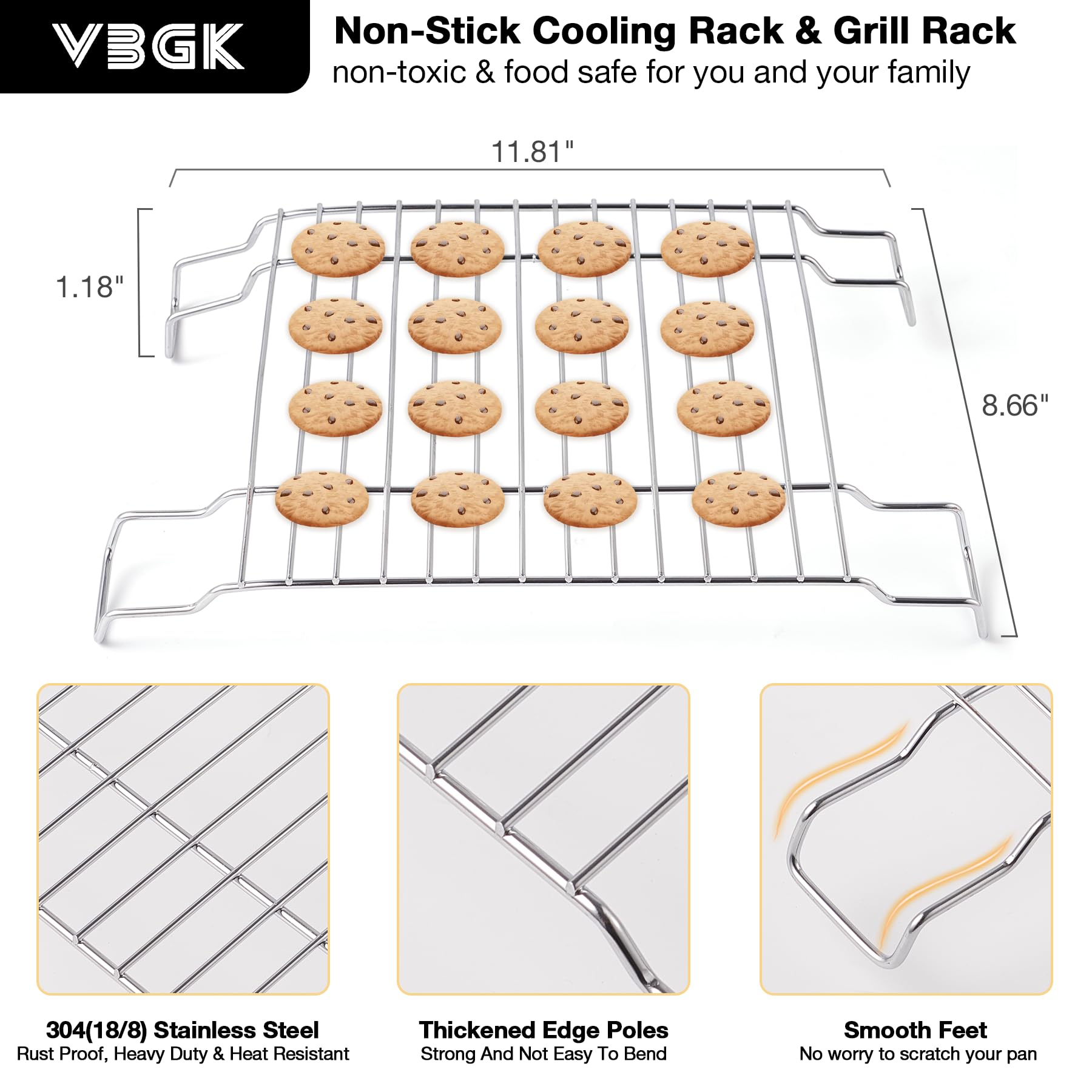 VBGK Cooling Rack,Grill Rack,Heavy Duty Stainless Steel Wire Rack for Baking, Grilling, Roasting, Drying, Nonstick Cooling Rack 11.81"x8.66" Oven & Dishwasher Safe, Compatible with Electric Cooktop