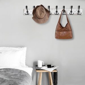 Kuhome 32.2'' Large Coat Rack Wall Mount Coat Hooks Coat Hanger with 8 Metal Black Triple- Hooks Old White Pine Real Wood Plank Hat Rack for Wall Hooks for Hanging Coat Hat Jacket