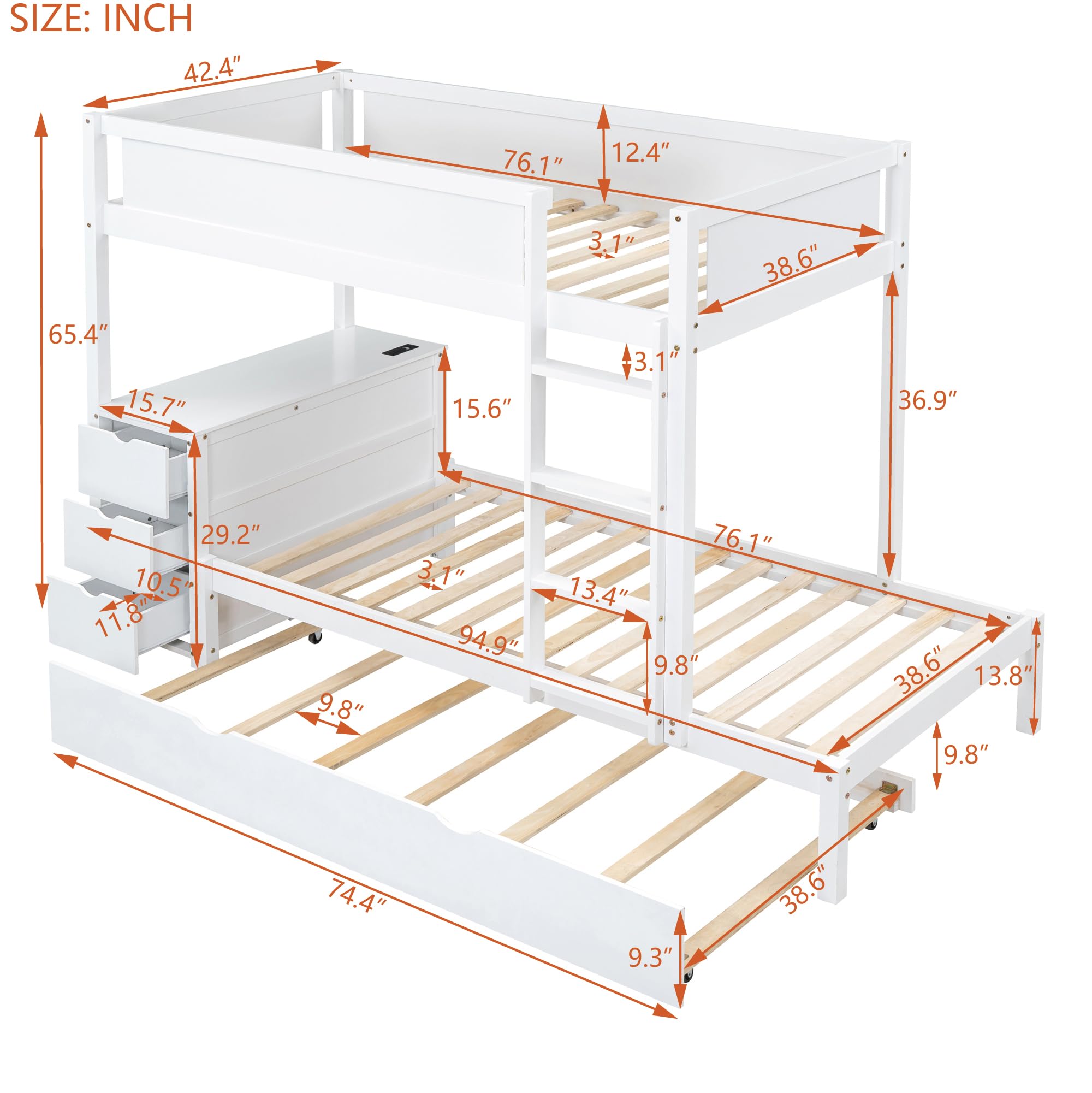 Harper & Bright Designs Twin Over Twin Bunk Bed with Trundle, Desk and Storage Drawers, Wood Bunk Bed Frame for Kids Teens Adults, White