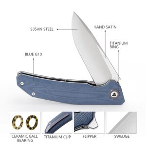 TRIVISA Folding Pocket Knife for Men Tactical,3.7in CPM S35VN Powder Steel Blade,Titanium Ring and Clip G10 Liner Lock Handle,Camping Hunting Outdoor EDC Knives,Phoenix-03G