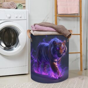 Flame Tiger Laundry Hamper, Tropical Tiger Dirty Clothes Hamper, Foldable Round Laundry Basket with Leather Handle Trim - Suitable for Office, Bedroom and Utility Room