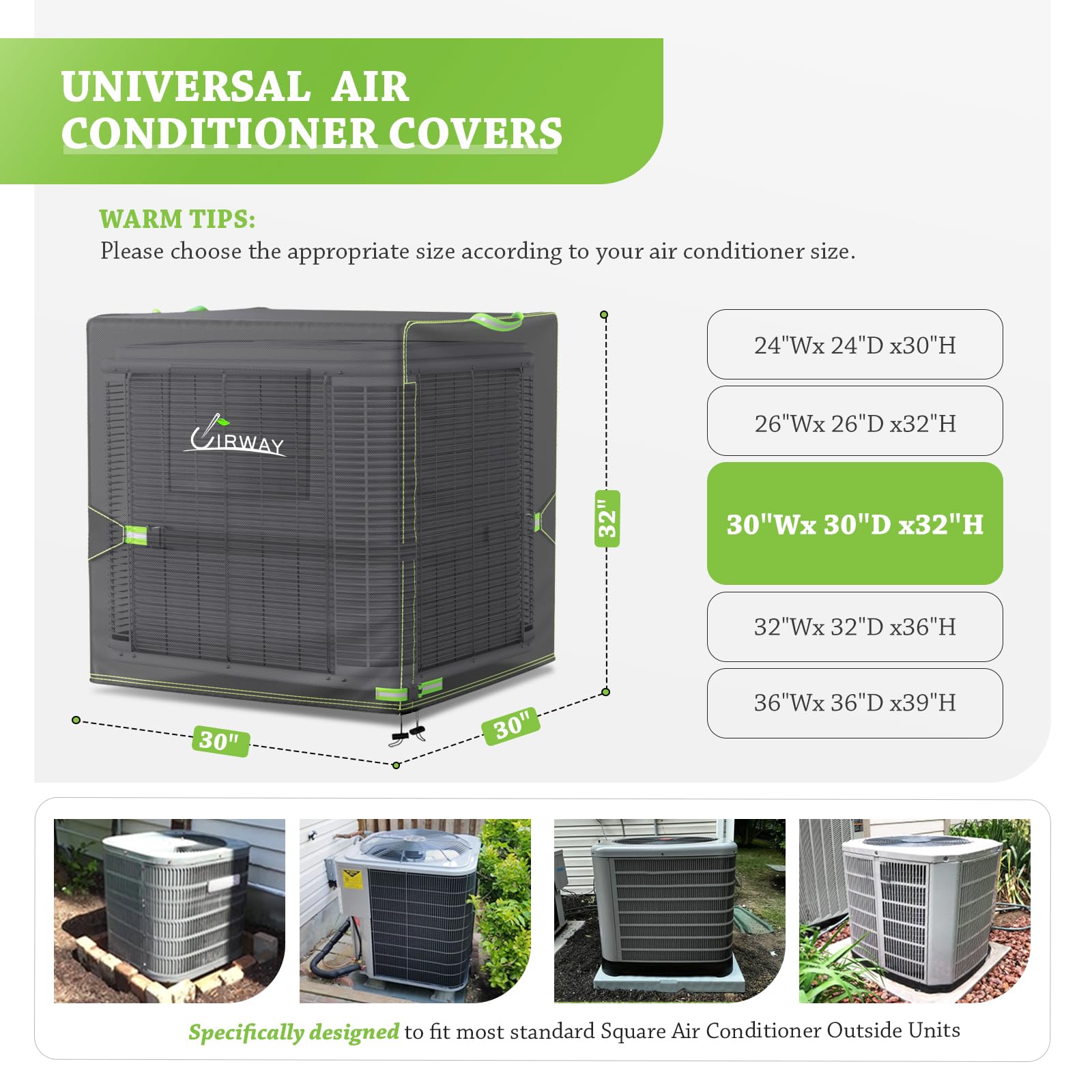 UIRWAY Winter Air Conditioner Covers for Outside Units, Central Air Unit Cover, Heavy Duty 420D Outdoor Waterproof Square AC Defender, Universal AC Unit Condenser Covers Fits Up to 30"Wx 30"D x32"H