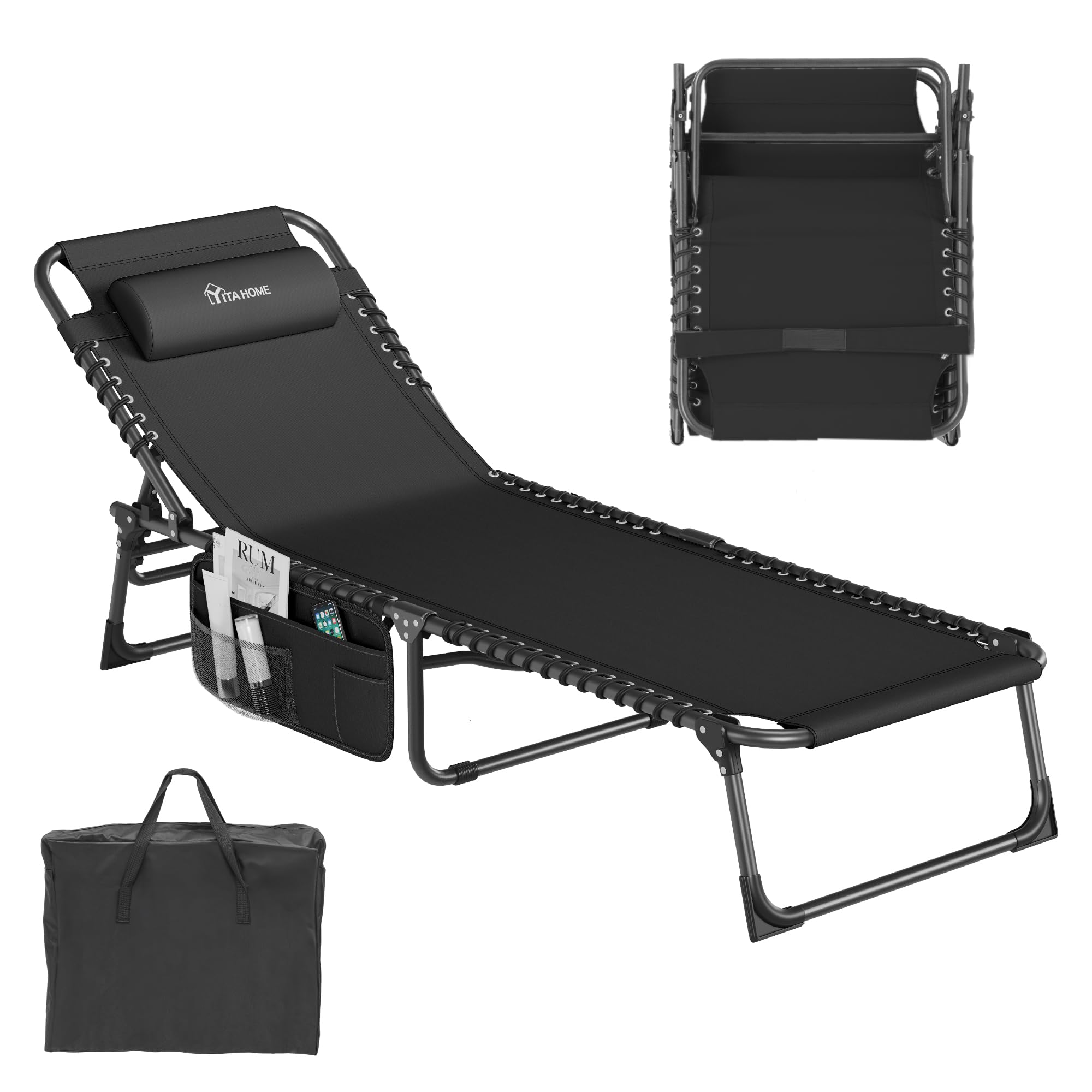 YITAHOME Patio Lounge Chair, Portable Reclining Chairse Lounge Folding Camping Cot 5 Posistion Adjustable w/Head Pillow & Portable Handbag for Camping, Pool, Beach and Patio, Black