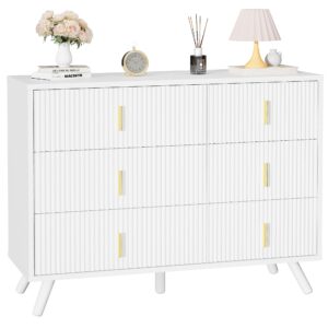 BEWISHOME White Dresser for Bedroom, 6 Drawer Dresser Chests of Drawers with Waveform Fluted Panel, White and Gold Dresser, Modern Wide Dresser Wood dresser for Closet, TV Stand, Hallway, White KCG03W