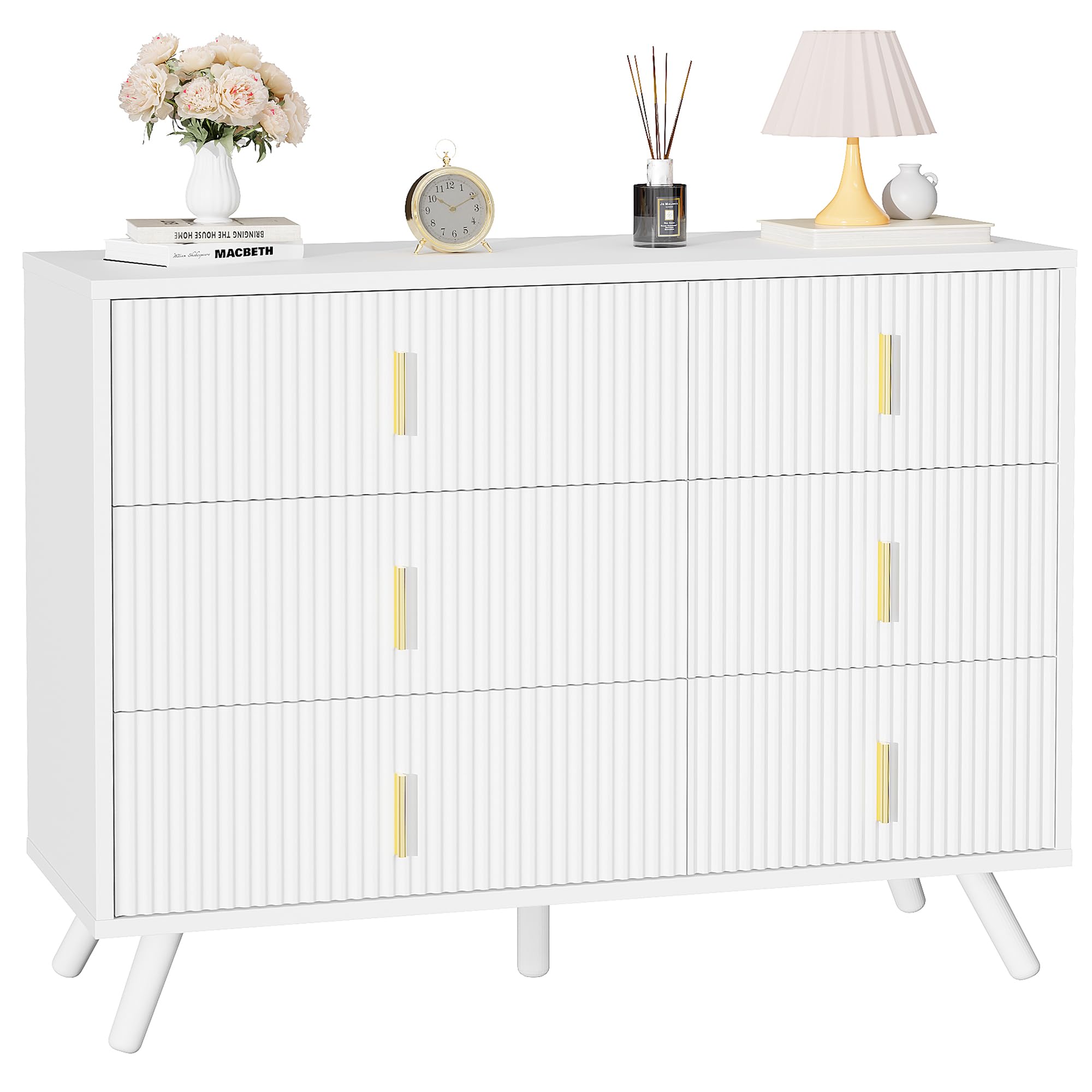 BEWISHOME White Dresser for Bedroom, 6 Drawer Dresser Chests of Drawers with Waveform Fluted Panel, White and Gold Dresser, Modern Wide Dresser Wood dresser for Closet, TV Stand, Hallway, White KCG03W