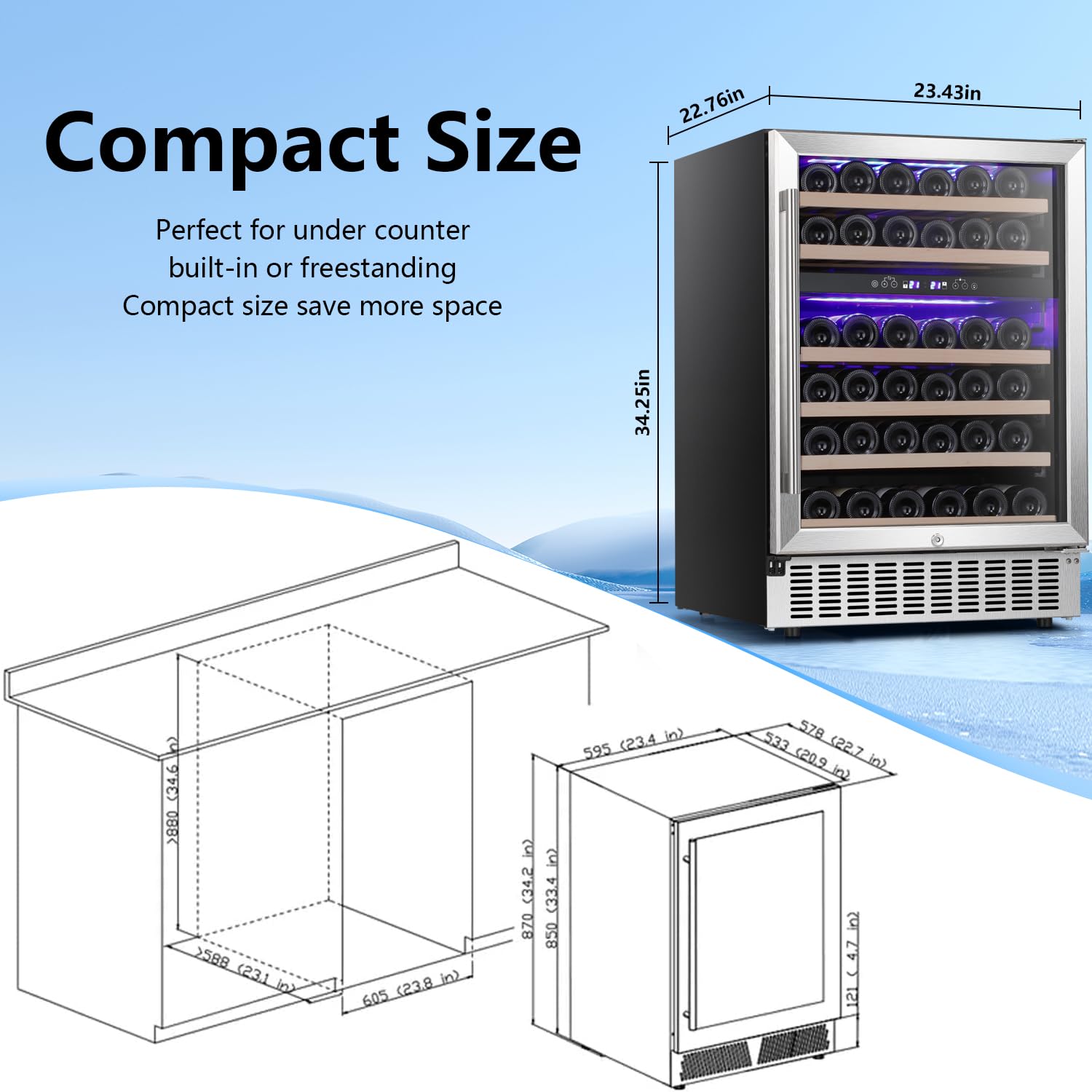 Antarctic Star 24" Wine Cooler Beverage Refrigerator,Under Counter Beer Mini Fridge Built-in Freestanding Stainless Steel Dual-Layer Digital Temperature Control Glass Door