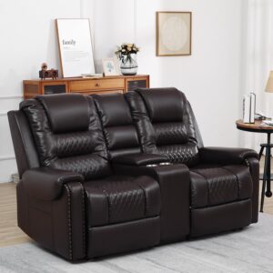 Large Massage Recliner Loveseat with Lumbar Heating, PU Leather Reclining Sofa Chairs, Ergonomic Living Room Chairs with Cup Holders and Remote Control, Brown