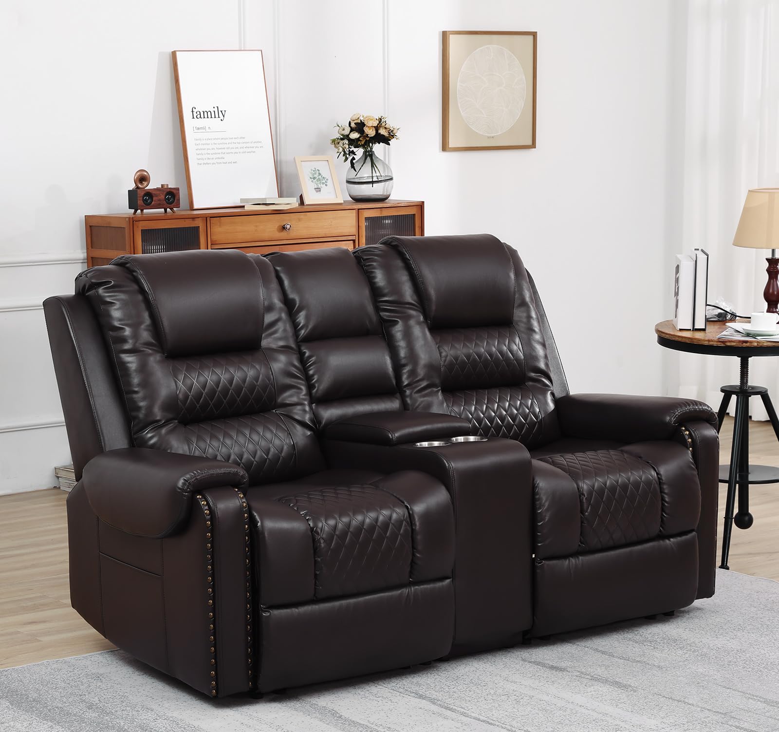 Large Massage Recliner Loveseat with Lumbar Heating, PU Leather Reclining Sofa Chairs, Ergonomic Living Room Chairs with Cup Holders and Remote Control, Brown