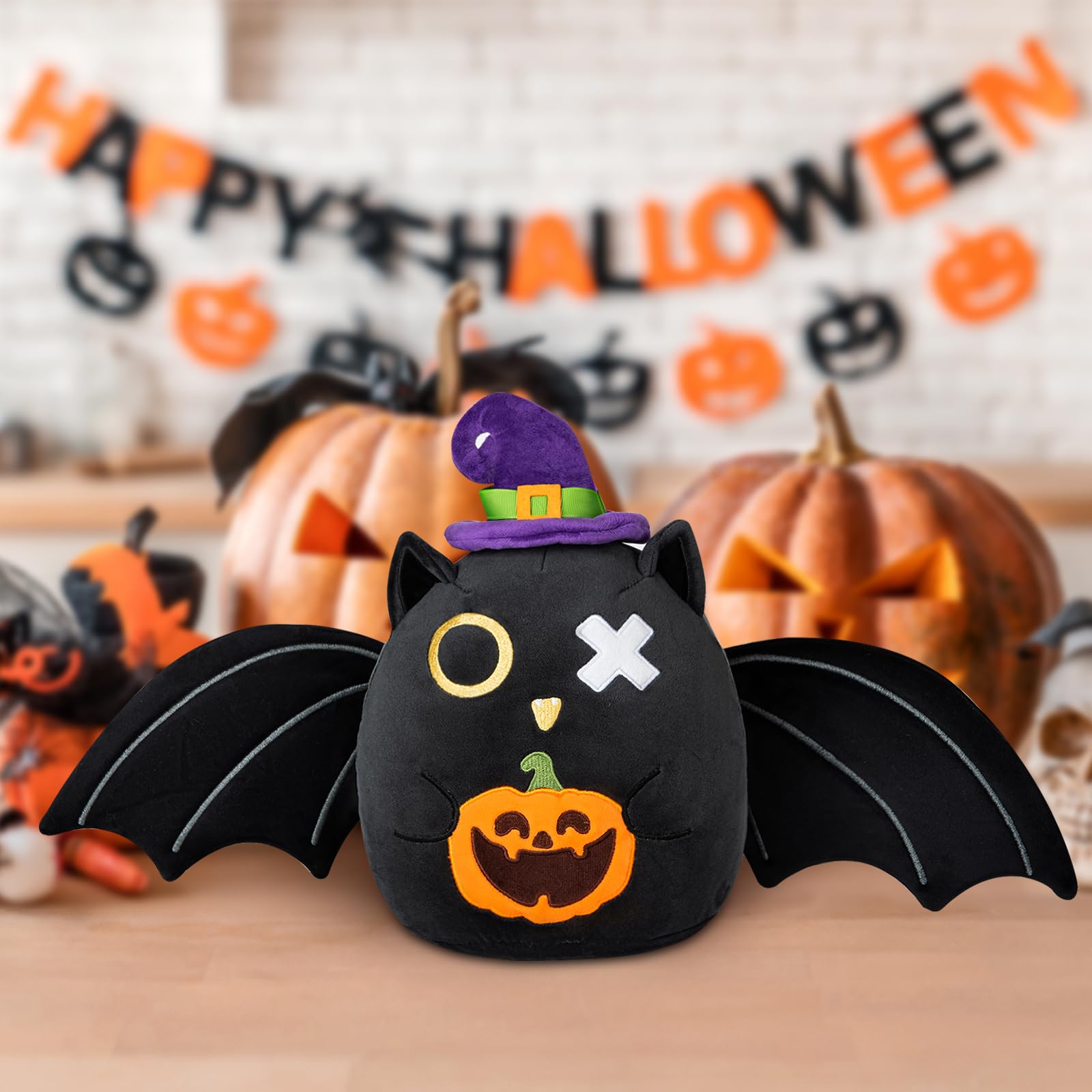 Halloween Stuffed Animal, Black Bat Plush Pillow Toy, 10-inch Super Soft Cute Bat with Big Wings and Pumpkin Stuffed Animals for Kids Adult