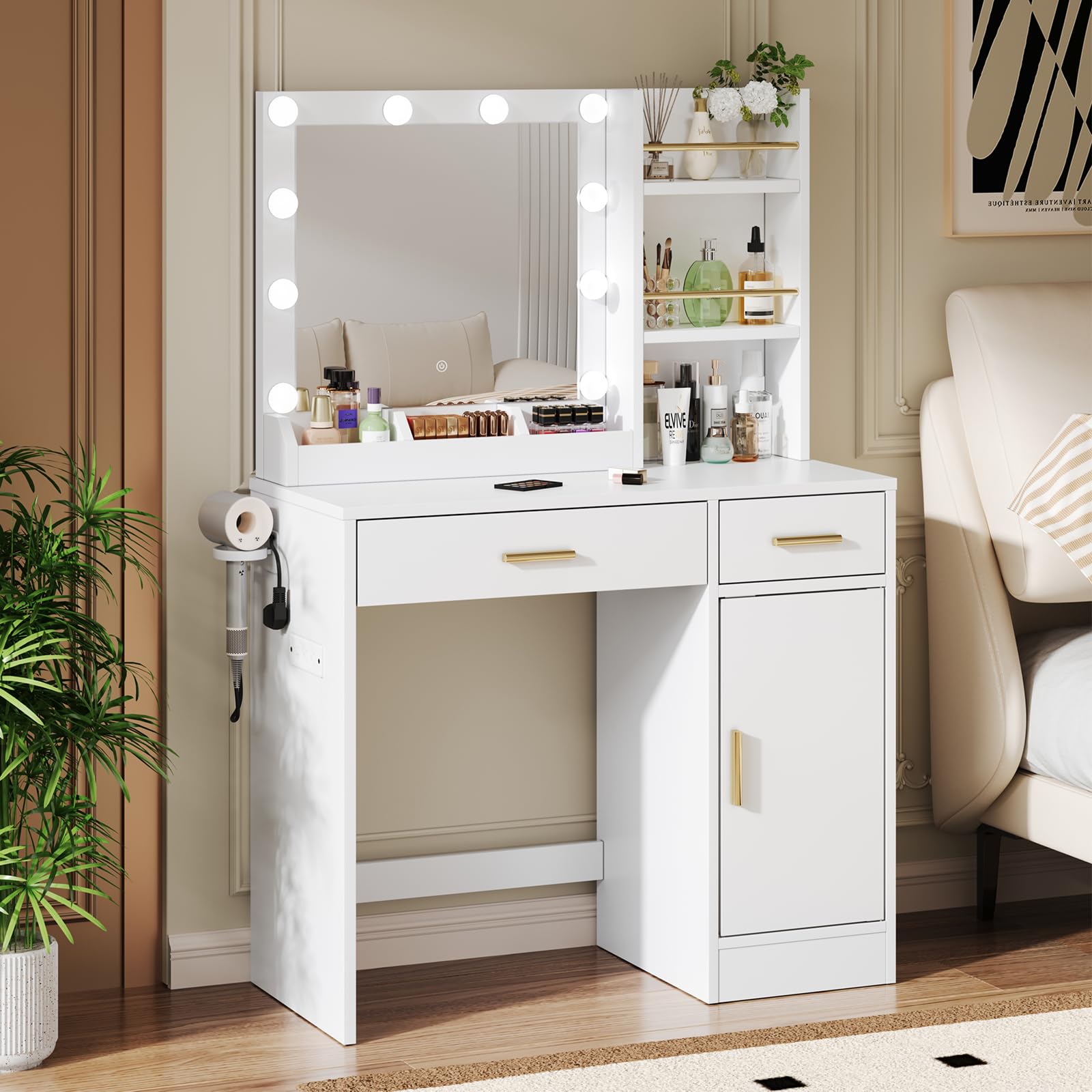 AMERLIFE 35.5" Make up Vanity Desk with Mirror and Lights, Vanity with Lights 3 Models Settings & Power Outlet, Vanity Desk with 2 Drawers, 1 Cabinets, Shelves, Makeup Vanity for Bedroom, White