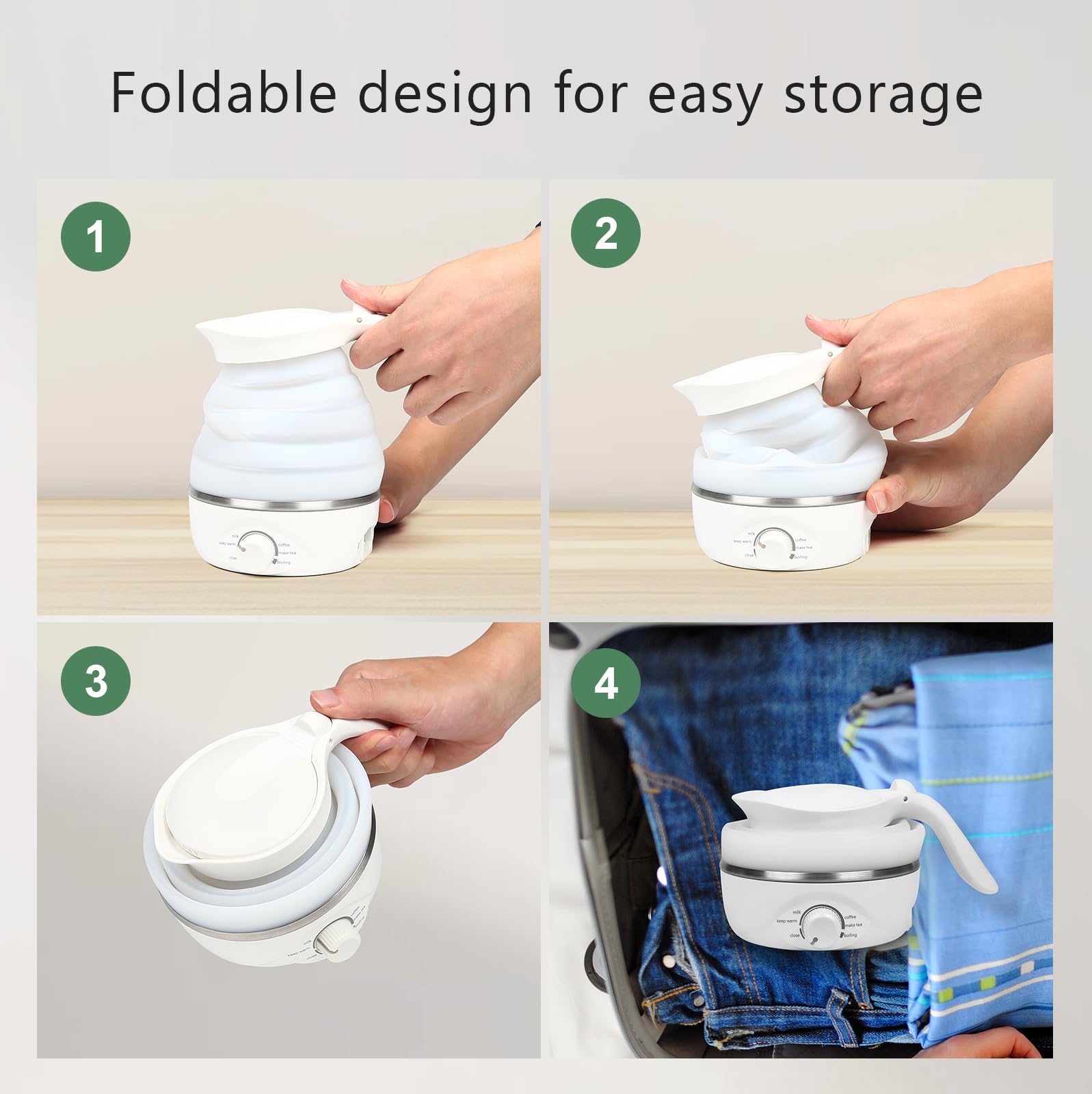 Xfbaozxy Travel Foldable Electric Kettle, Portable Travel Foldable Electric Kettle Food Grade Silicone Kettle Foldable 850W Fast Boiling Water Portable Travel Kettle Electric, 110V 700ml (White)