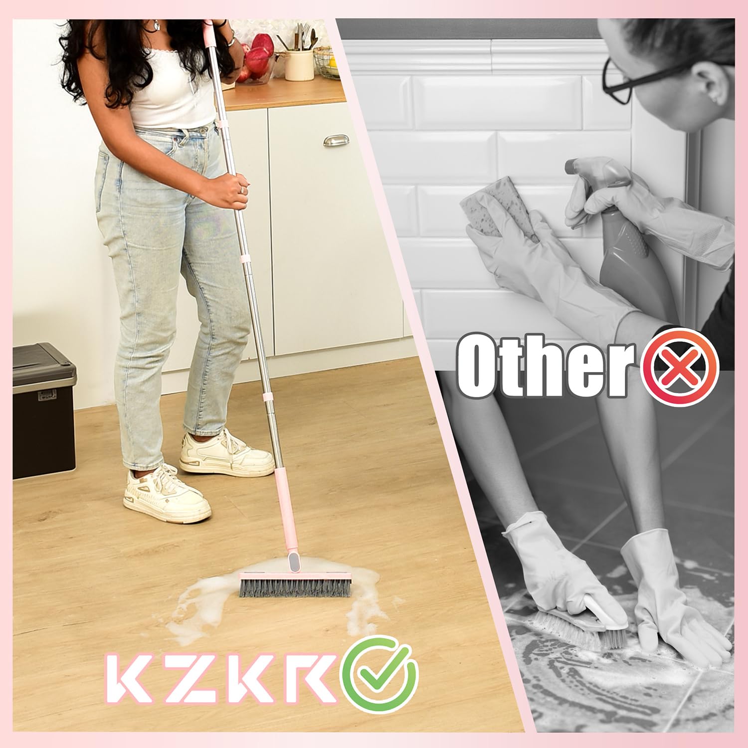 KZKR Floor Scrub Brush with Squeegee,Grout Brush with Telescopic Long Handle,V-Shape Floor Scrubber Brush with Scrape Stiff Bristle Shower Tile Grout Cleaning Tool for Kitchen Bathroom Baseboard Deck