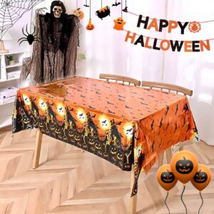 Cusfele 2 Pack Halloween Tablecloth with Banner Hanging Decorations, 54x72 Inch Rectangle Plastic Table Cover Halloween Indoor Outdoor Indoor Decor Party Supplies