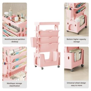 5 Tier Mobile Bookshelf Cart, Removable Movable Bookcase, Rolling Cart Book Rack Storage Bookcase Organizer, Kids Bookshelf Carts with Wheels For Living Room Classroom Office Kitchen Bedroom (Pink)