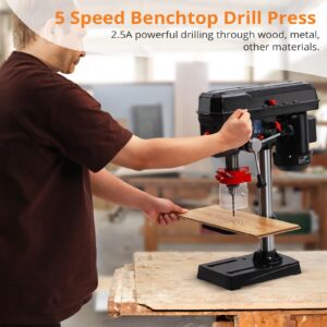 8 Inch Benchtop Drill Press, 2.5Amp Benchtop Drill Machine, 5 Speed Adjustable, Swing Distance 0-45° Tiltling Tabletop Drilling Machine for Wood, Metal