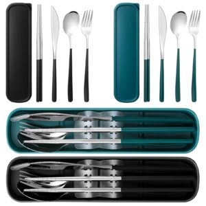 kritkin 2 sets travel cutlery set 18/8 stainless steel cutlery 6 pcs reusable christmas utensils set with case portable silverware lunch box for camping school office(silver, blackish green, black)