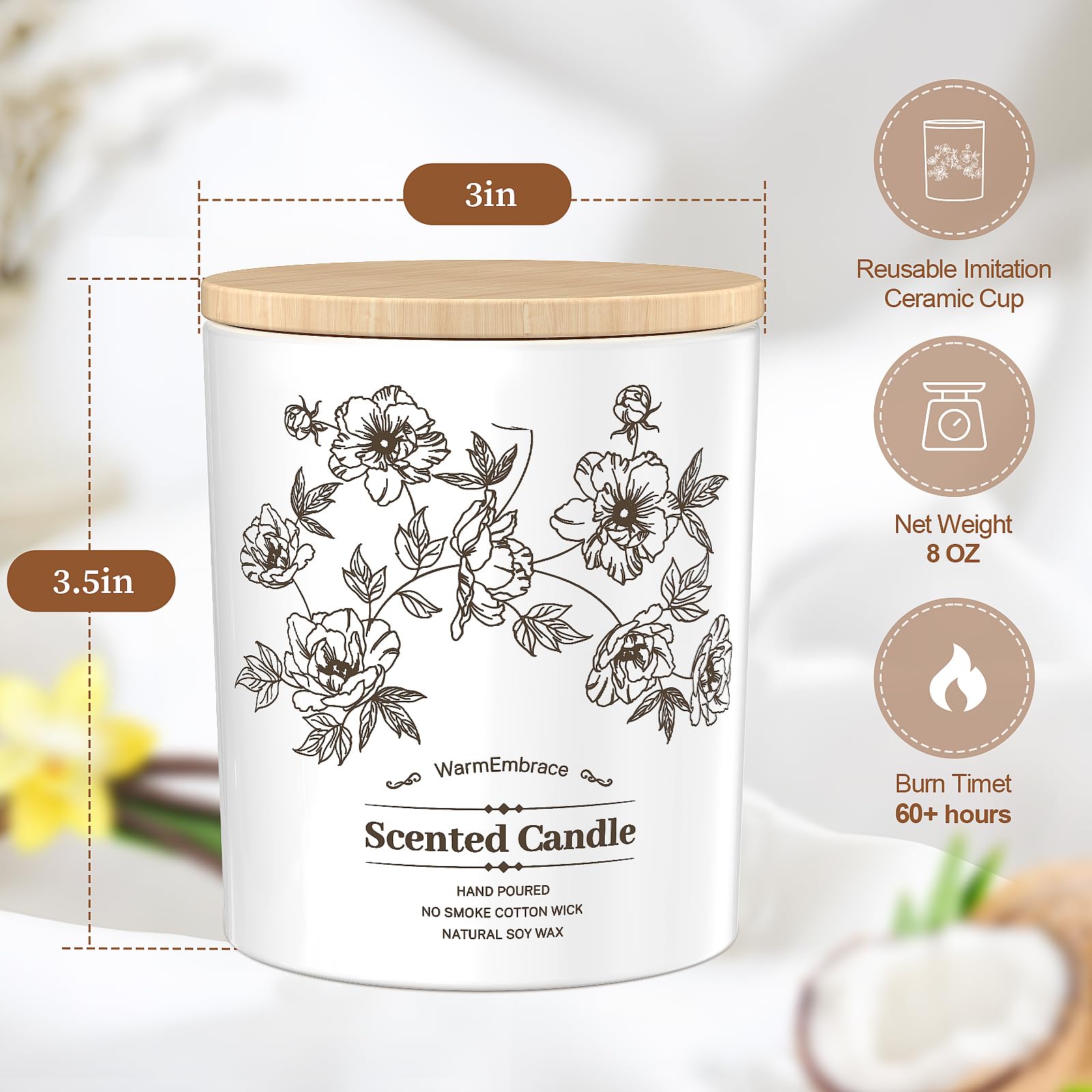 Deluxe Scented Candle for Women & Men, Vanilla Coconut Soy Wax Candle, 8 Oz Jar Candle for Home, Scented-60 Hour Long Lasting Burning, Suitable Present for Thanksgiving, Christmas & Birthday