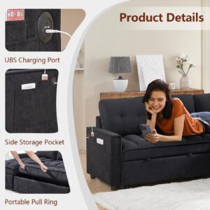 Nonlita Sofa Bed,Convertible Sectional Sofa Bed with USB and Tape-C Charging Port,L-Shaped Sleeper Sofa with Reclining Storage and Arm Side Organizer Pockets Feature,for Living Room, Apartment,Black