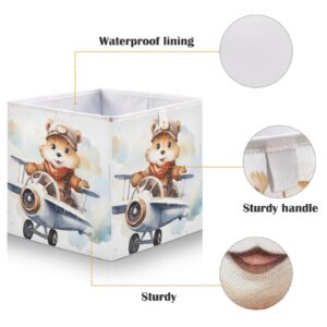 Foldable Storage Cube Cartoon Bear Flying A Plane Organizer Basket for Home Shelf