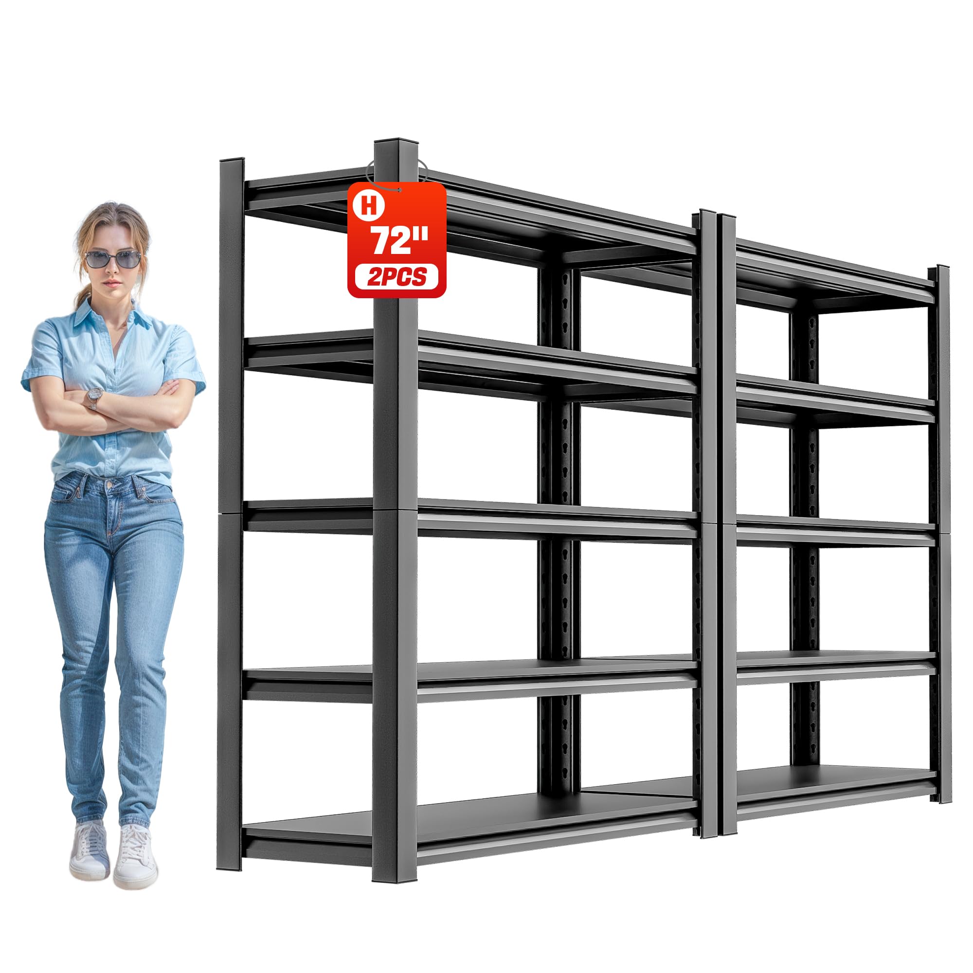 OLLRRACT Storage Shelves Garage Shelving Heavy Duty - 72''H Garage Shelves Adjustable 5 Tier Metal Shelving Unit Storage Rack Shelving Industrial Utility Shelf 16" D x36 W x72 H（2 Pieces）