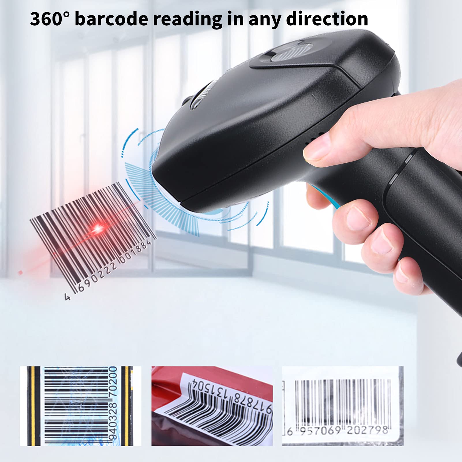 Handheld Barcode Scanner 360° Portable Barcode Reader QR Code Reader for Paper Barcodes, LCD Display Barcodes, Suitable for Warehouse, Store (Black Blue)