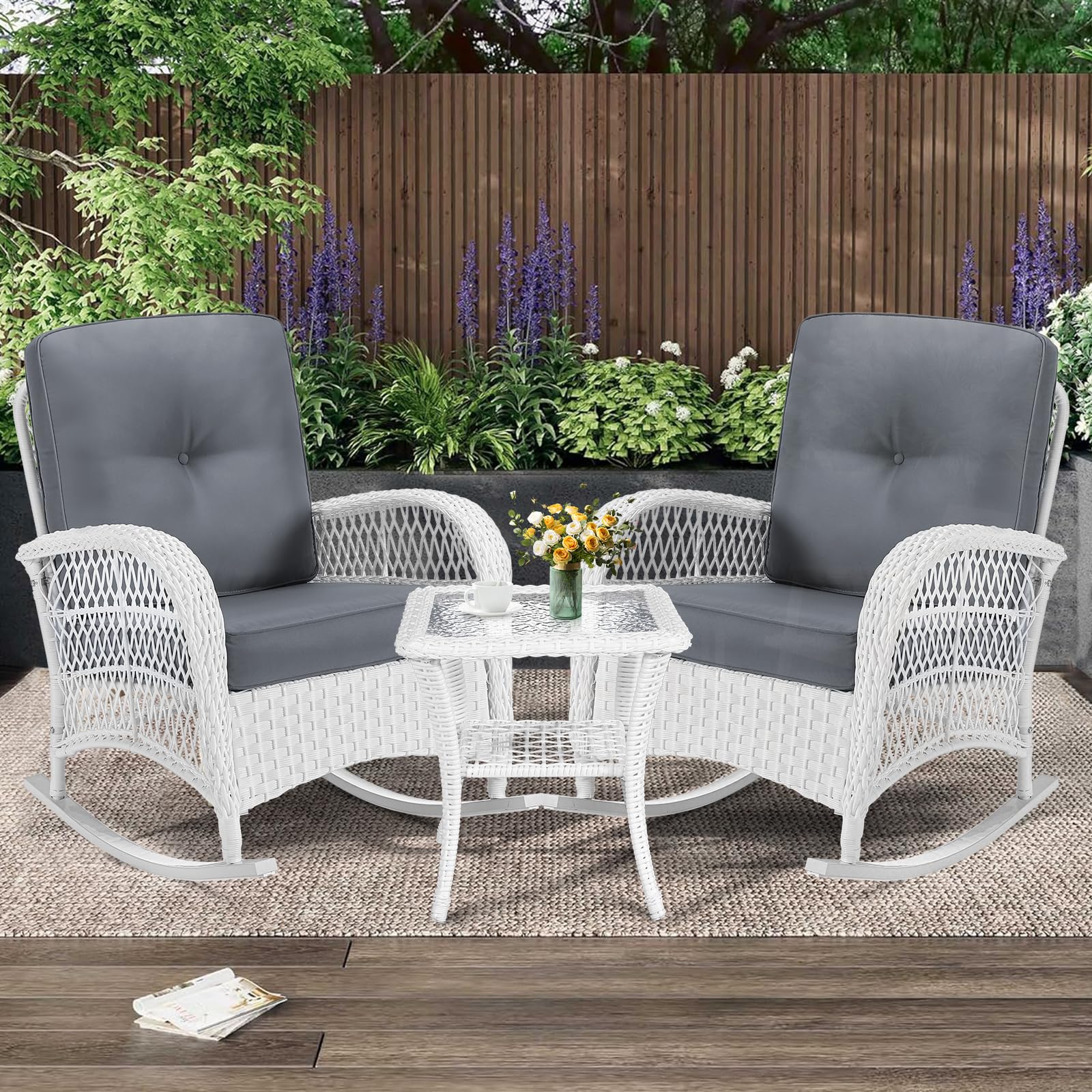 MEETWARM 3 Pieces Patio Conversation Set, Rattan Outdoor Rocking Patio Bistro Set with 2 Rockers and 1 Side Table with 4" Thick Cushions, Outdoor Furniture Set for Porch Backyard, White Wicker/Grey