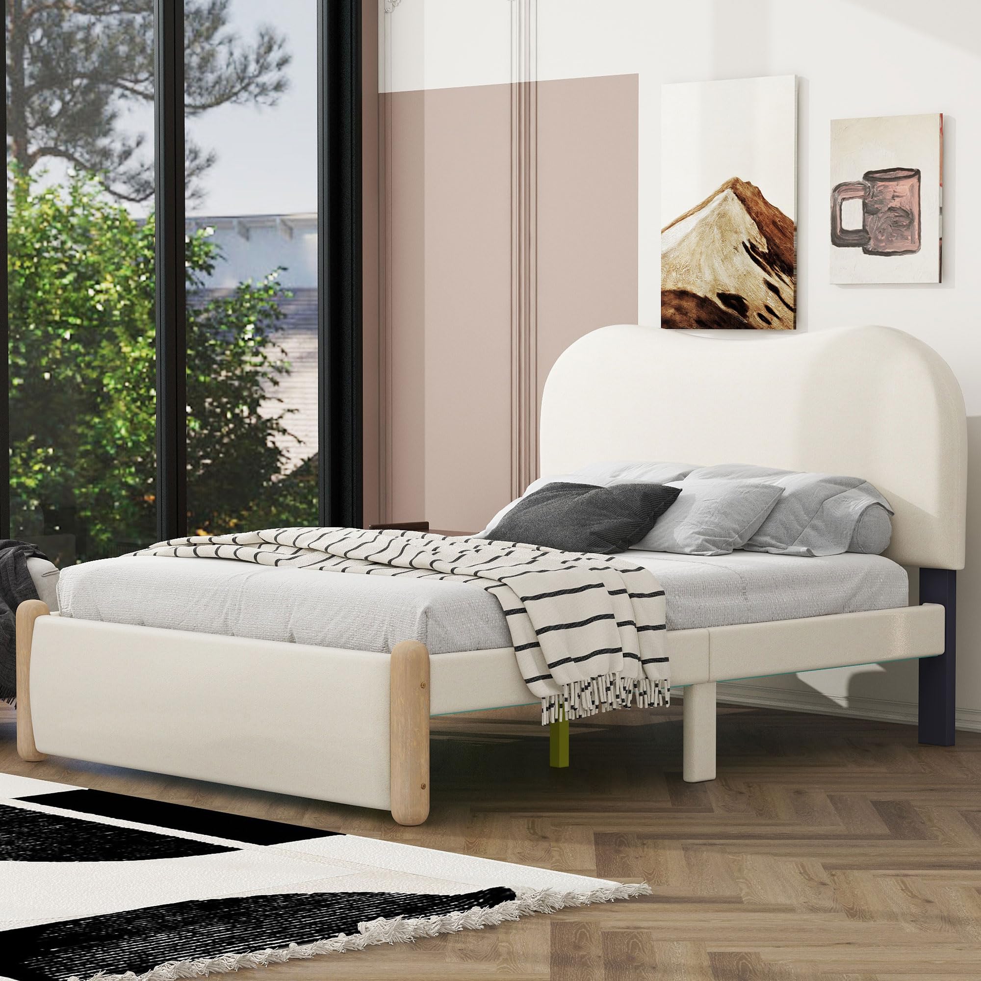 JOUUQZ Modern Design Full Size Upholstered Platform Bed with Berber Fleece Headboard and Wood Supporting Feet,Solid Wood Bed Frame with w/Arc-Shaped Headboard,for Kids Boys Girls Bedroom (Beige)