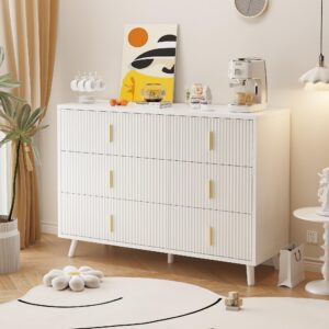 bewishome white dresser for bedroom, 6 drawer dresser chests of drawers with waveform fluted panel, white and gold dresser, modern wide dresser wood dresser for closet, tv stand, hallway, white kcg03w