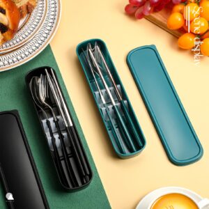 Kritkin 2 Sets Travel Cutlery Set 18/8 Stainless Steel Cutlery 6 Pcs Reusable Christmas Utensils Set with Case Portable Silverware Lunch Box for Camping School Office(Silver, Blackish Green, Black)