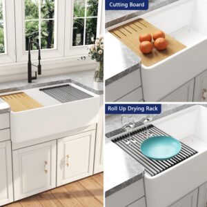 DeerValley 33 inch White Farmhouse Sink, Fireclay Farmhouse Kitchen Sink, Single Bowl Kitchen Sink, Front Apron Sink for Kitchen, Workstation Sink with Grid, Sink Strainer & Workstation Accessories