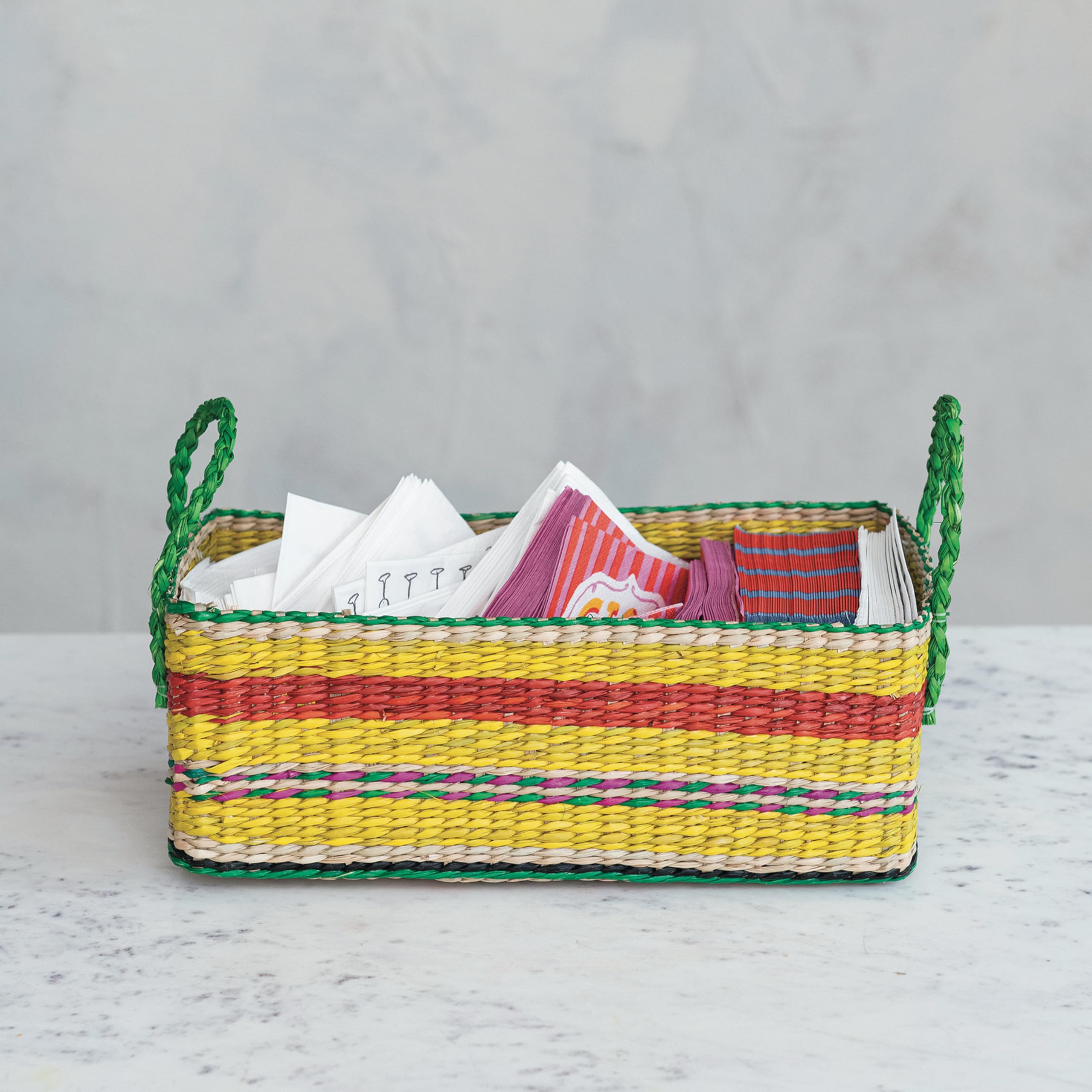 Creative Co-Op Hand-Woven Seagrass Basket with Stripes, Multicolor