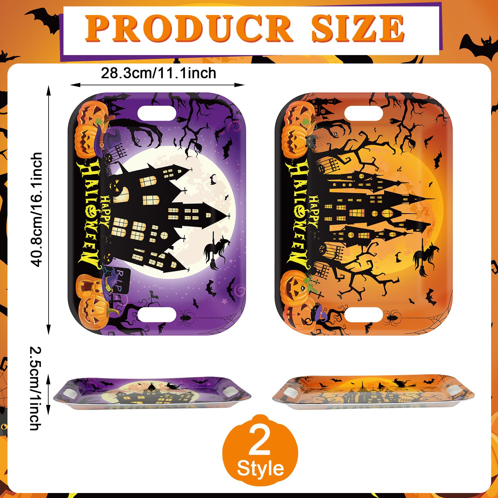 gisgfim 2Pcs Halloween Serving Trays 16.1 X 11.1 Inch Large Melamine Platters with Handles, Orange Purple Castle Pumpkin Bat Food Trays Halloween Movie Night Snack Trays Birthday Party Serving Dishes