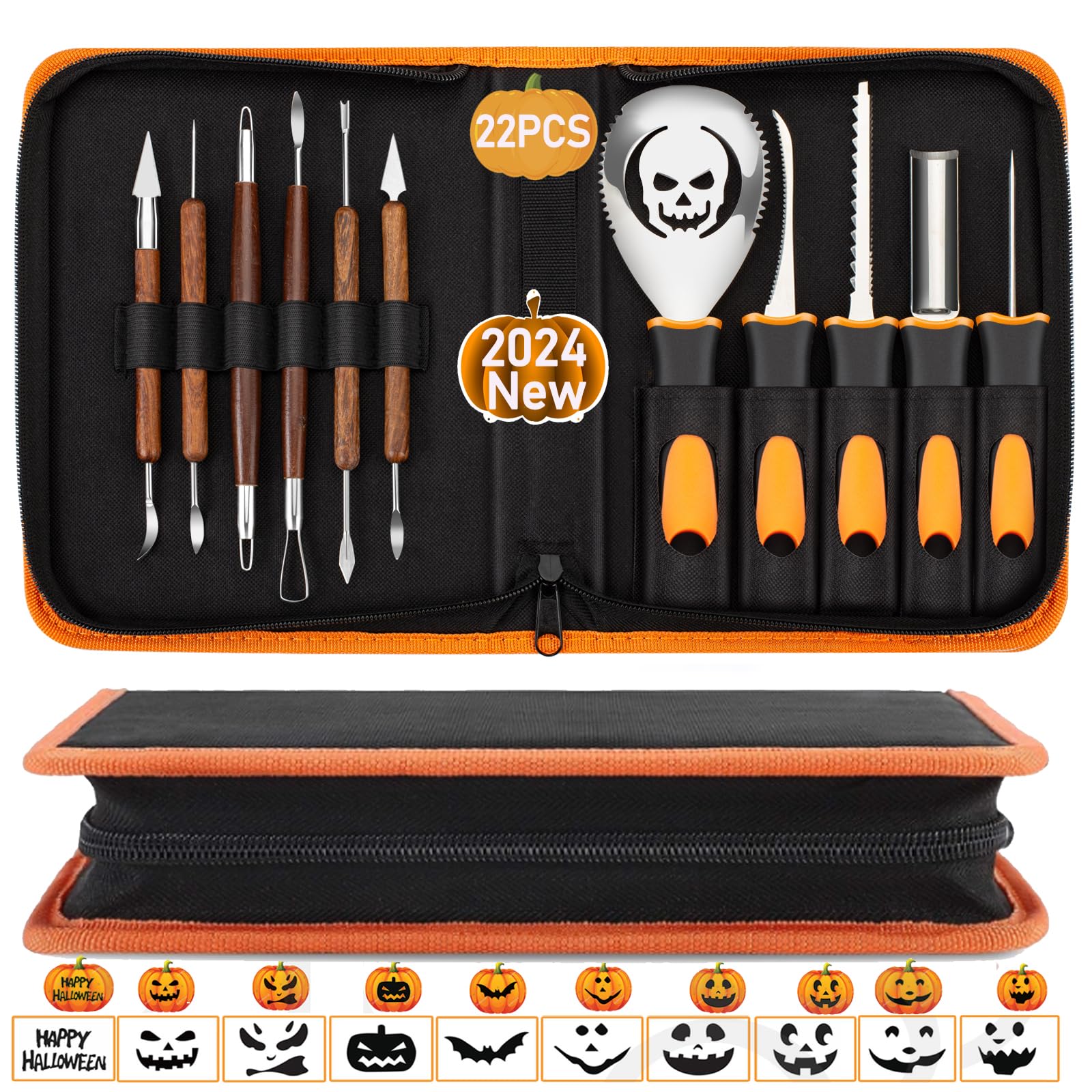 EIKEJI Pumpkin Carving Kit with Stencils, 11 Pcs Professional Carving Tools with 10 Pumpkin Carving Stencils, Heavy Duty Stainless Steel Pumpkin Carving Set for Halloween Decoration Jack-O-Lanterns