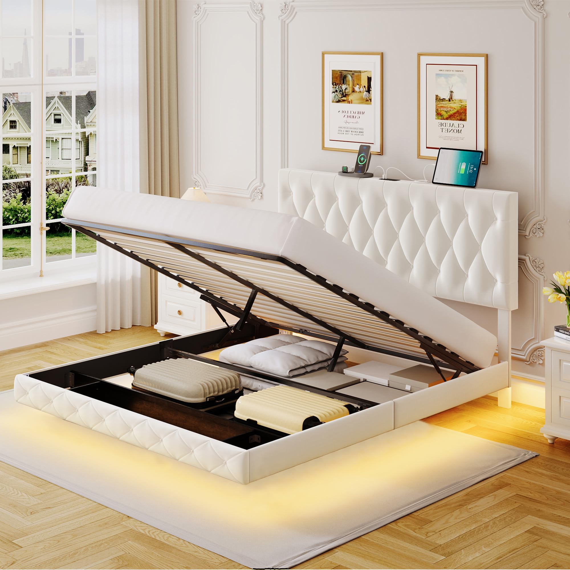 Full Size Lift Up Storage Bed Frame with Led Lights & Charging Station, Floating Bed Frame, Velvet Upholstered High Headboard Bed Frame, Hydraulic Storage/Innovative Stable Structure/Easy Assembly