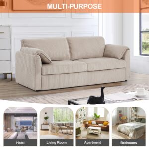 Plococo Pull Out Sofa Bed, Corduroy Queen Sleeper Sofa Couch with Foam Mattress, Large Sofa Sleeper Pullout Couch Bed for Living Room Office, Queen Size (Beige Brown)