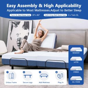 Twin XL Adjustable Bed Base with Mattress, 12 Inch Gel Memory Foam Medium-Firm Mattress in Box, Wireless Remote, Head/Foot Lift Electric Smart Bed, Adjustable Bed Frame with Thickened Frame, Blue