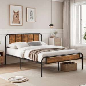 VECELO Queen Platform Bed Frame with Wood Headboard,Sturdy Steel Slats Support/Matress Foudation/No Box Spring Needed(Brown)