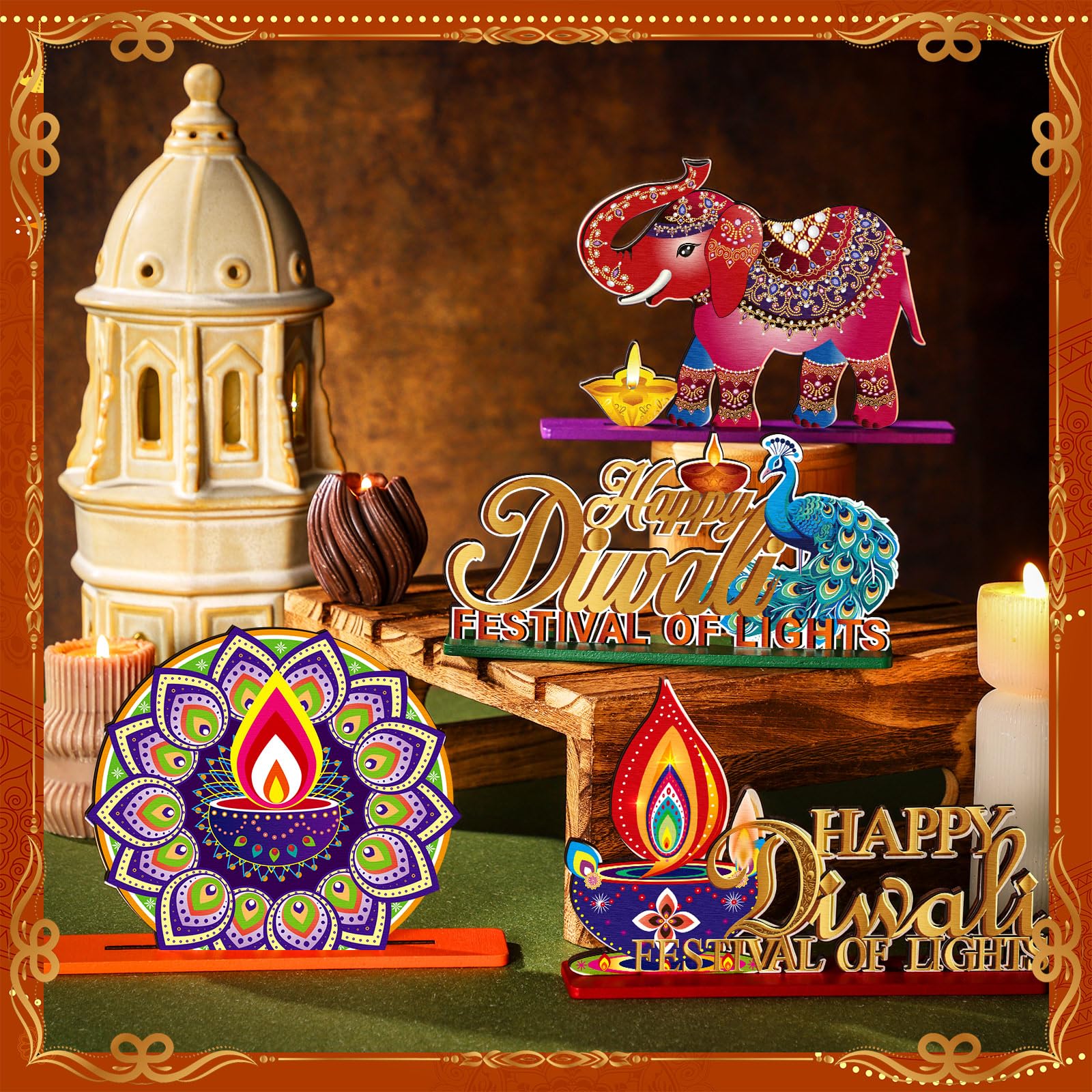 DoubleFill 6 Pcs Diwali Table Decorations Happy Diwali Decorations Deepavali Candle Oil Lamp Wooden Table Centerpieces India Festival of Lights Sign for India Diwali Party Supplies Home Decor