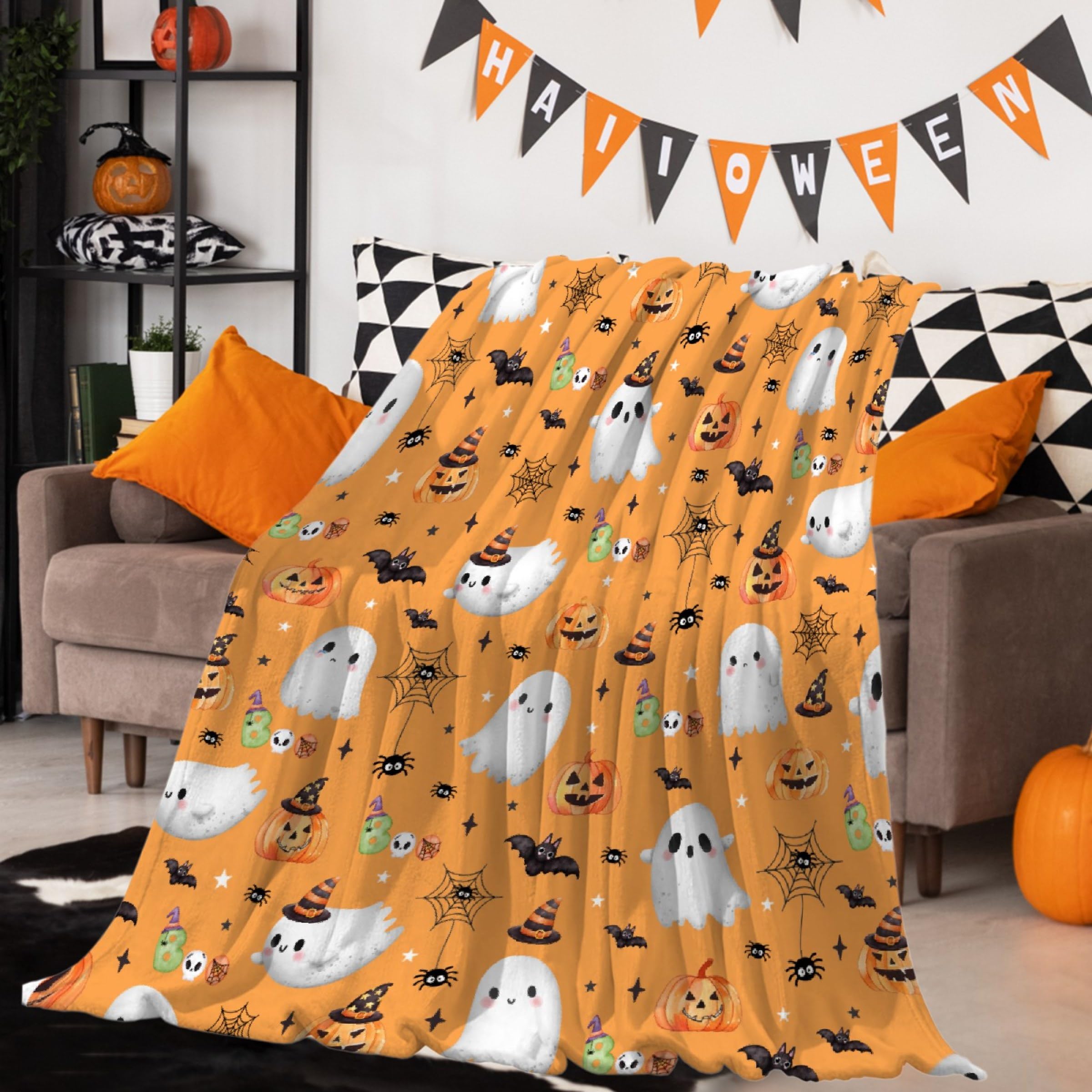 Halloween Throw Blanket, Cute Ghost Blanket for Boys Girls, Super Soft Flannel Pumpkin Blanket, Halloween Decor Blanket for Couch,Sofa,Bed,Living Rooms - 30"x40"-Toddlers/Pets Size