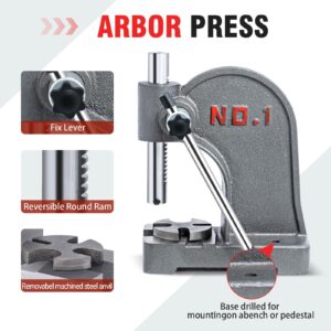 CXRCY Arbor Press 1 Ton Round Ram, Cast Iron Heavy duty Upgraded Manual Arbor Press 1 Ton, 5.5" Maximum Height, Desktop Arbor Press, Metal Punch Press Machine for Stamping Bending Forming Stretching